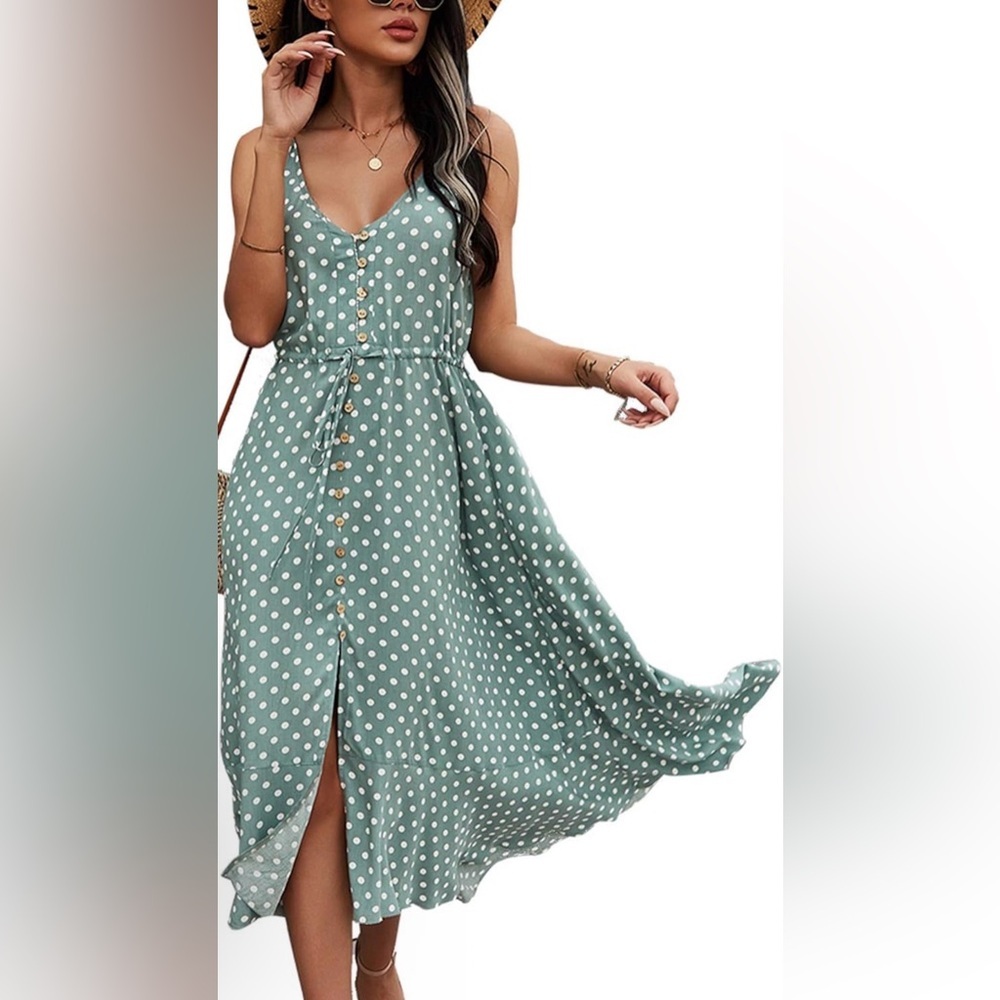 NWT BROVAVE Elegant Green Polka Dot Maxi Dress Size Small - Picture 7 of 8
